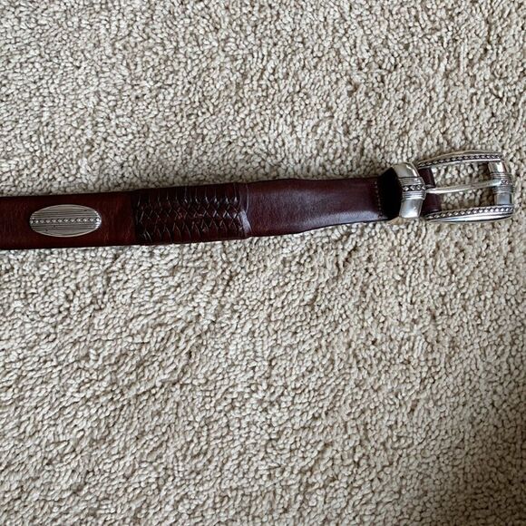 Brown Leather Belt BRIGHTON Braided Silver Medallions and Buckel Size 34 - Picture 9 of 9